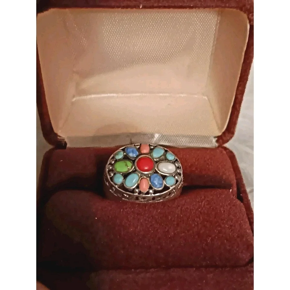 Turquoise, Red Coral Multi Stone Ring Turquoise, Red Coral Size 6/ 925 Sterlin